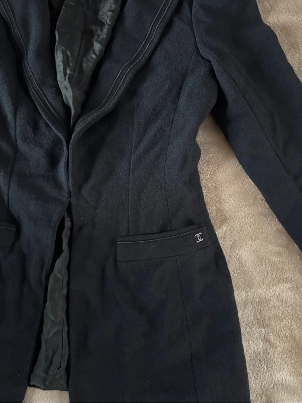 CHANEL Uniform Black Wool Blend Blazer Jacket France CC Logo Size 36 US 4